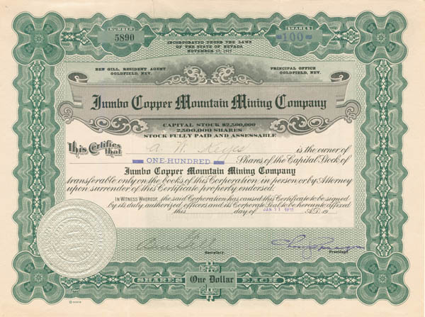 Jumbo Copper Mountain Mining Co. - Stock Certificate